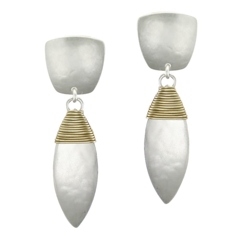 Tapered Square with Wire Wrapped Leaf Clip on Earring in Brass and Silver