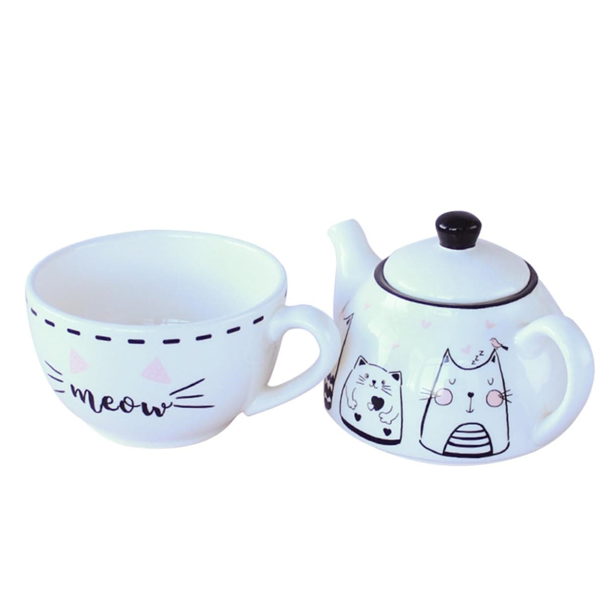 Mikinona Lovely Cat Pattern Ceramic Teapot and Cup Set for One Creative Tea Cup Teapot Kit Ideal for Home and Office Elegant Tea Set for Personal Gatherings and Gift