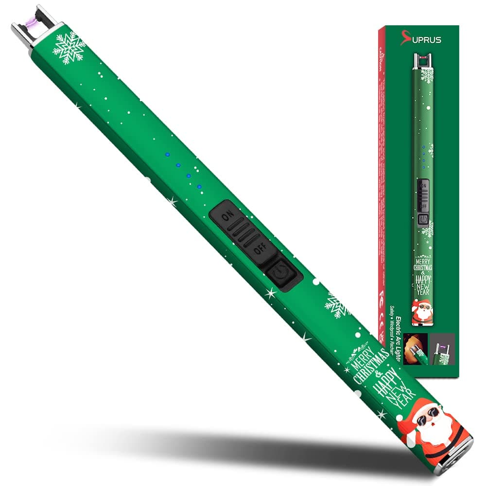 Electric Lighter Arc Windproof Flameless USB Rechargeable Lighter with Safety Lock for Candle BBQ Camping (Christmas Green)