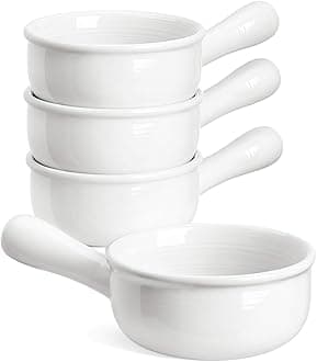 French Onion Soup Bowls, 15 Ounce Ceramic Soup Bowls with Handles, for Chili, Beef Stew, Oven Microwave Dishwasher Safe, Set of 4, White