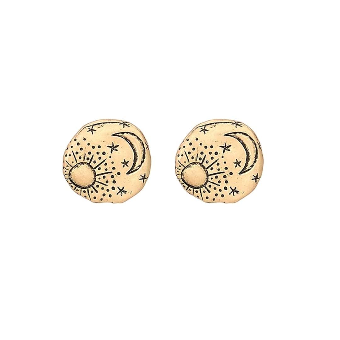 Celestial Sun, Moon & Stars Engraved Antique Brushed Gold Boho Stud Earrings