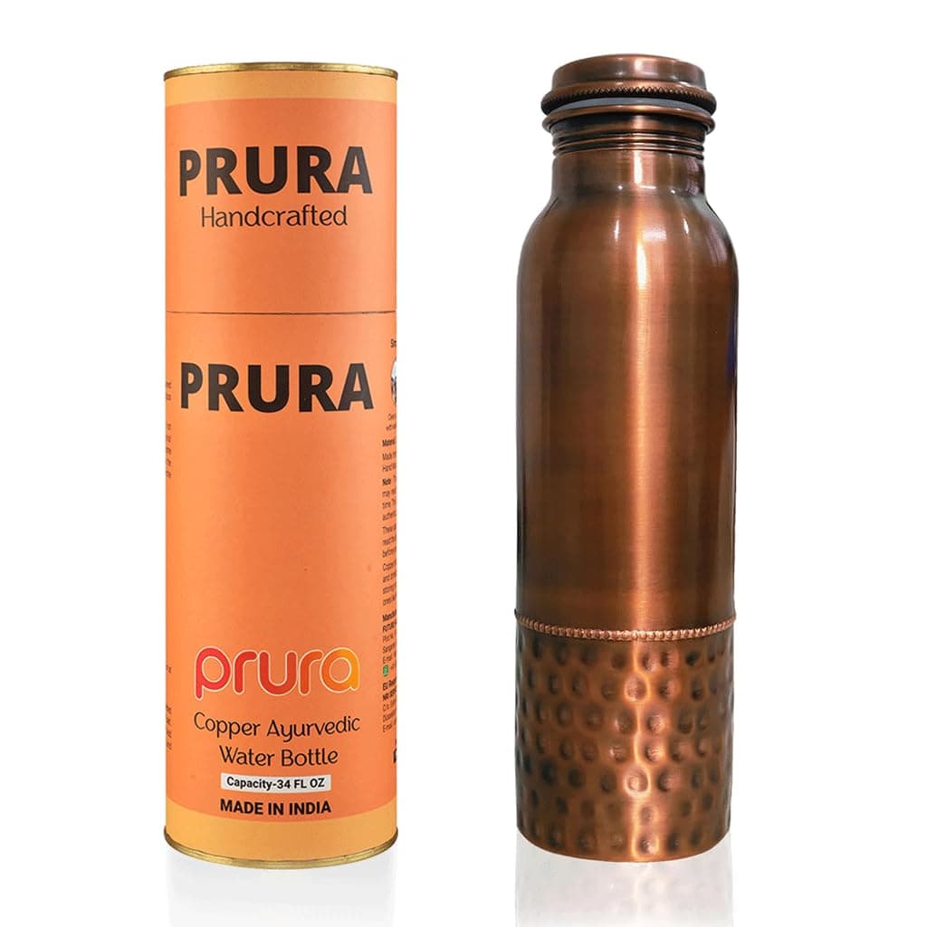 Hammered Curved Copper Water Bottle 32 oz - Seamless Leak Proof Joint Less Water Bottle for Ayurvedic Benefits