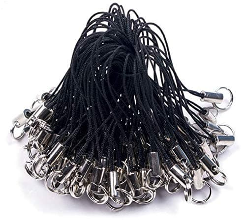 WOIWO 50 Pieces Cell Phone Strap Black with Silver Tone Split Ring for Mobile Cell Phone USB Flash Drive, MP3, MP4, Key Finder