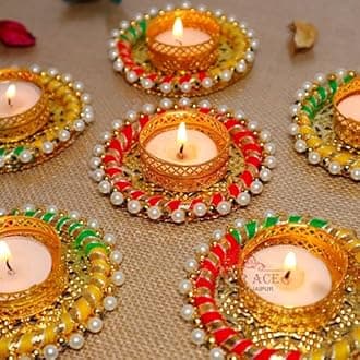 Jaipur Ace Decorative Diwali Tealight Diya | Traditional Handmade Pearl Ring Tealight/Candles Set for Home Decoration | for Ganesh Chaturthi Laxmi Pooja (Set of 6)