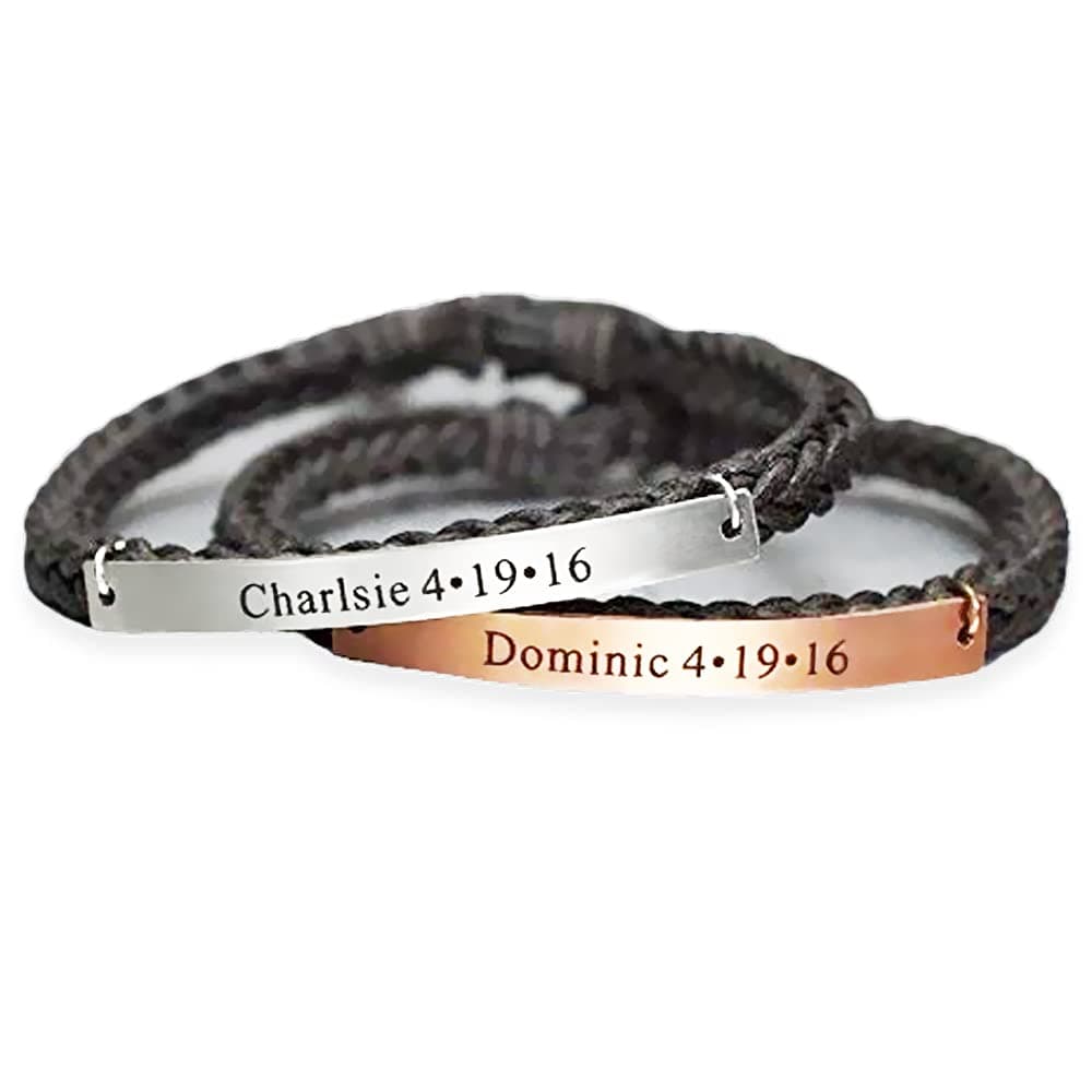 Couple Custom Bracelets, His and Her Name Engraved, In Memory of Anniversary Wedding Baby Birth Date, Grace Braided Cord Stainless Steel Copper Combination