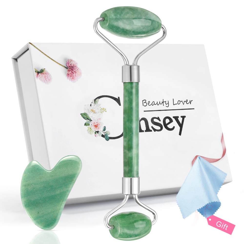 Jade Roller for Face Gua Sha Set Facial Natural Stone Massager Anti-Aging Roller Body Eyes Neck Lymphatic Drainage Tool Reduce Wrinkles Womens Gifts