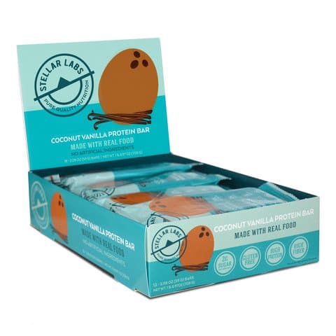 Stellar Labs Coconut Vanilla Grass Fed Whey Protein Bar, Low-FODMAP, Gluten Free, High Protein, High Fiber, No Artificial Ingredients, 2.11oz, Pack of 12