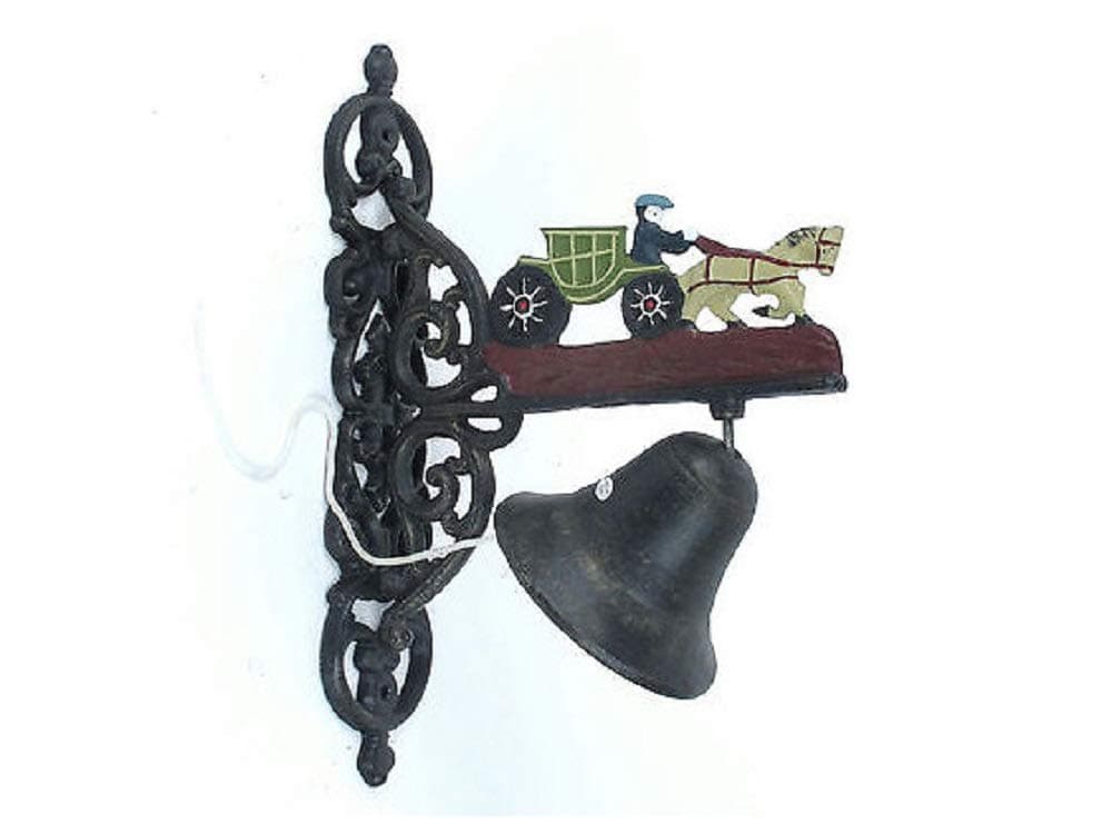 R & W Cast Iron (13" H x 3" W) Dinner Bell w/Back Plate - Horse & Green Buggy