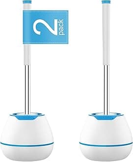 BOOMJOY Toilet Brush and Holder Set 2 Pack, Silicone Bristles Bathroom Cleaning Bowl Brush Kit with Tweezers - Blue