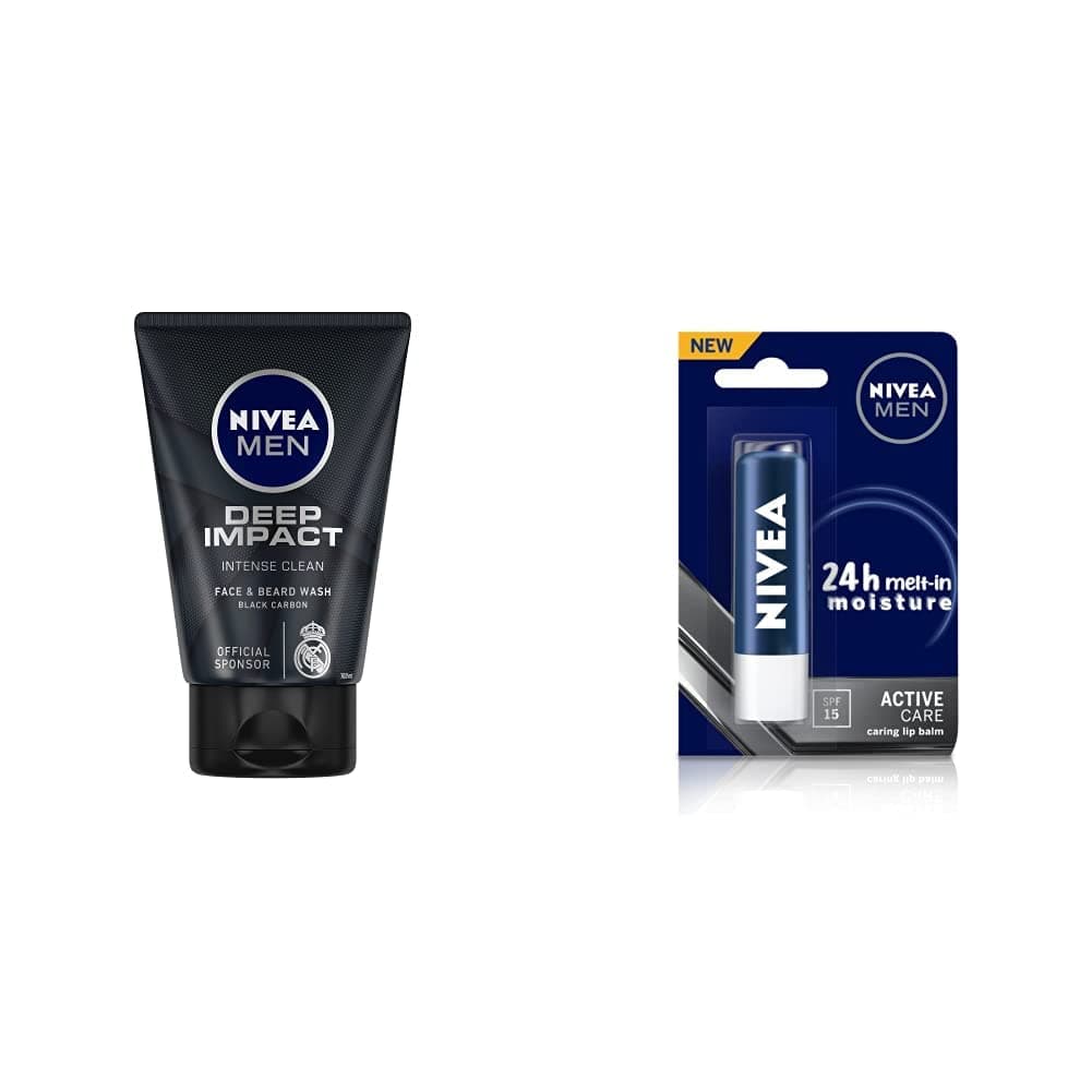 Men Face Wash, Deep Impact Intense Clean, 100g And NIVEA Men Lip Care, Active Care Lip Balm, SPF 15, 4.8g