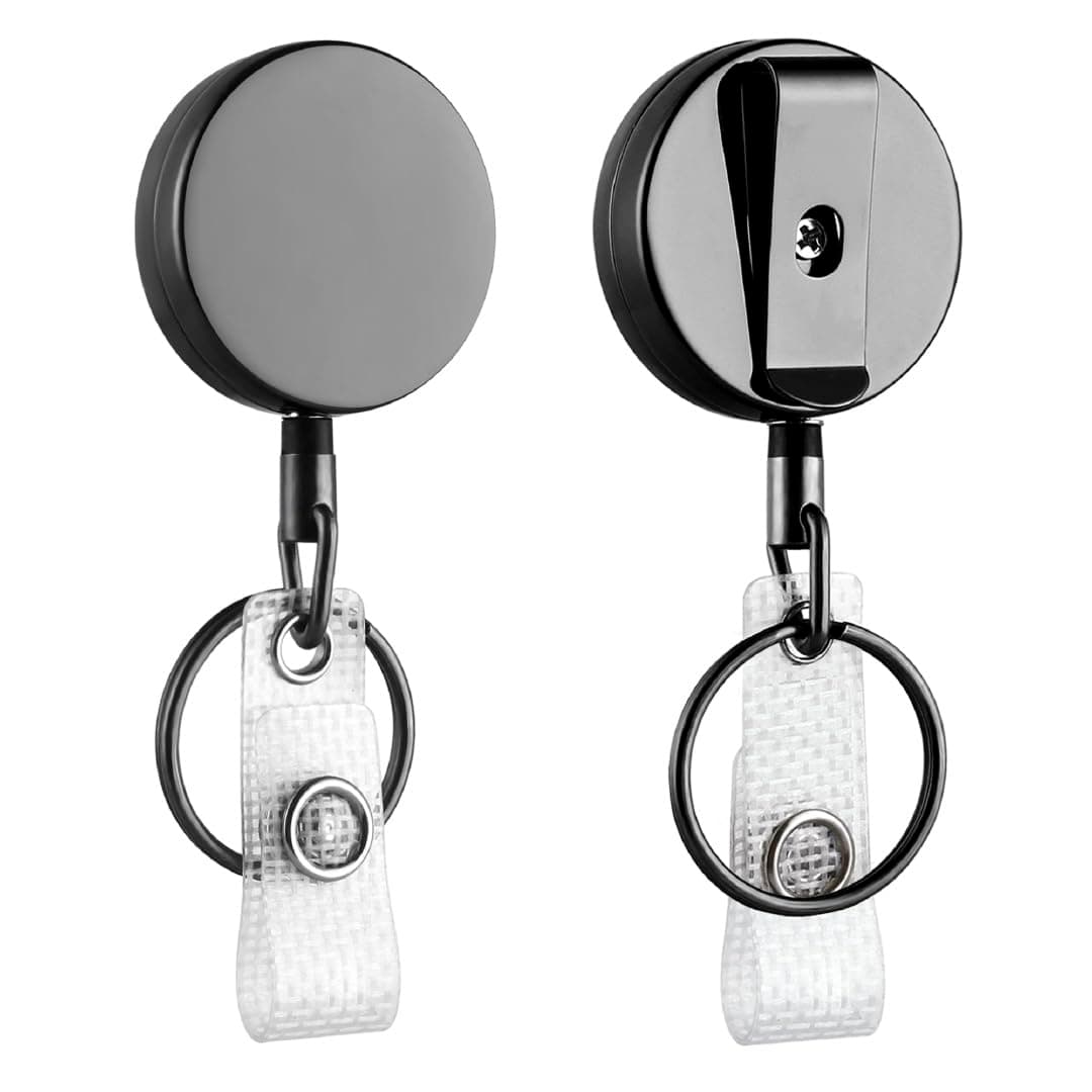 2 Pack Heavy Duty Retractable Badge Holder Reel Will Well Metal ID Badge Holder with Belt Clip Key Ring for Name Card Keychain [All Metal Casing, 27.5" Steel Wire Cord, Reinforced ID Strap]