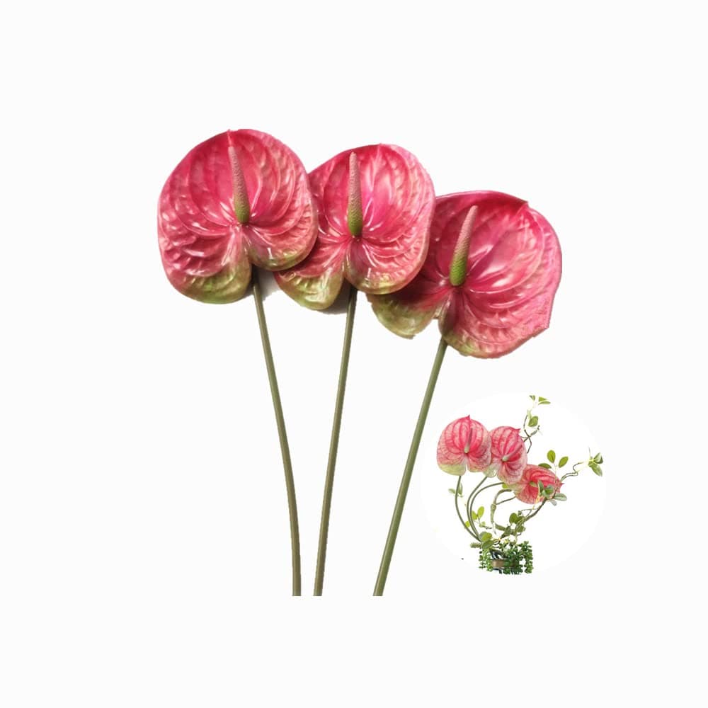3 PCS 27" Artificial Anthurium Lily Flowers for Home Decor Bouquet and Green Leaf and Bridal Wedding Festival Decoration Small Flower Flower Arrangement,UV Resistant No Fade (Pink)