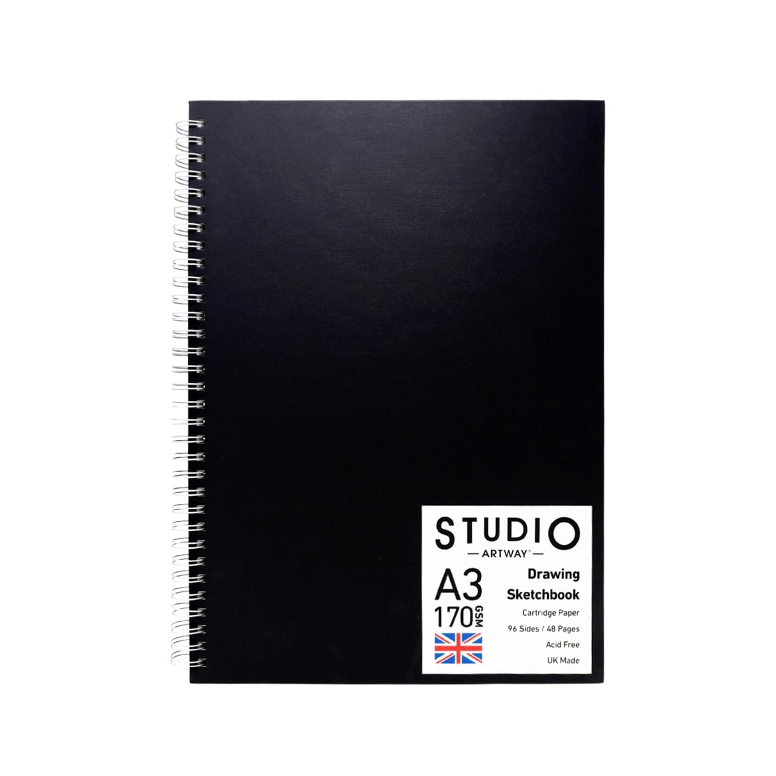 Artway Studio A3 Spiral Bound Sketchbook - Portrait - 48 Pages (96 Sides) of 170gsm Cartridge Paper - Black Hardcover Drawing Pad for Sketching, Drawing & Illustration