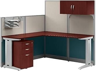Bush Business Furniture Office in an Hour 65W L Shaped Cubicle Desk with Storage, Drawers, and Organizers in Hansen Cherry | Modern Computer Table Set with Privacy Panels for Commercial Workspace