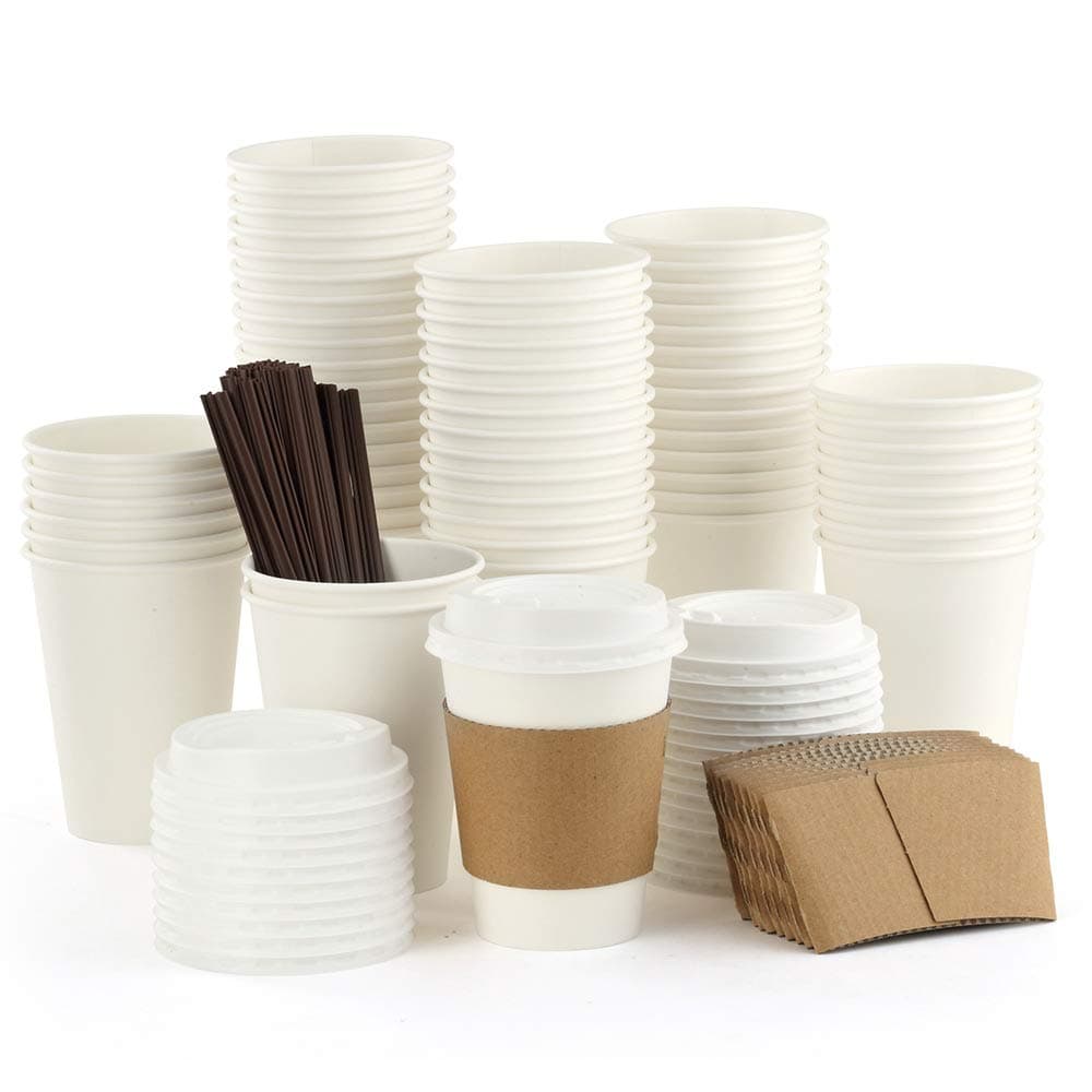 100 Pack 12 oz Disposable Hot Paper Coffee Cups with Lids, Sleeves and Straws To Go - White Drink Hot Cup From Eupako