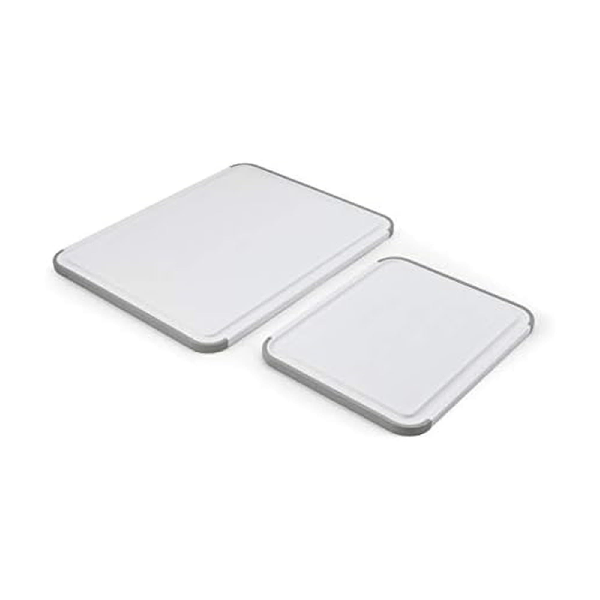 Classic Nonslip 2-Piece Plastic Cutting Board Set with Perimeter Trench and Non Slip Edges, 2-Piece Kitchen Chopping Boards, Dishwasher-Safe, White and Gray