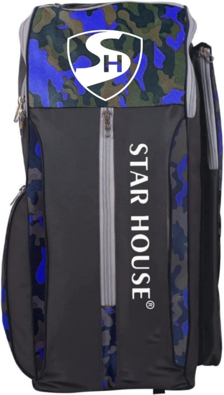 Star House Cricket Kit Bag with Special Bat Holder On The Side, Duffle Kit Bag, Backpack, Full Size with Shoulder Straps and Handle for Player (Multicolor) (Blue)