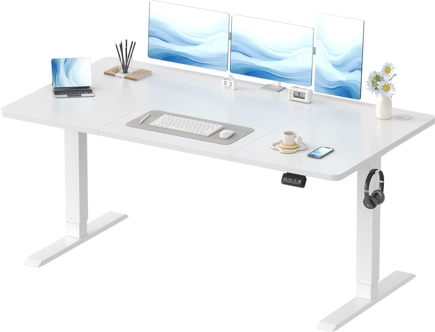 Devoko Electric Standing Desk 160x70cm, Height Adjustable Desk Ergonomic Stand up Table with 2 Memory Preset, White