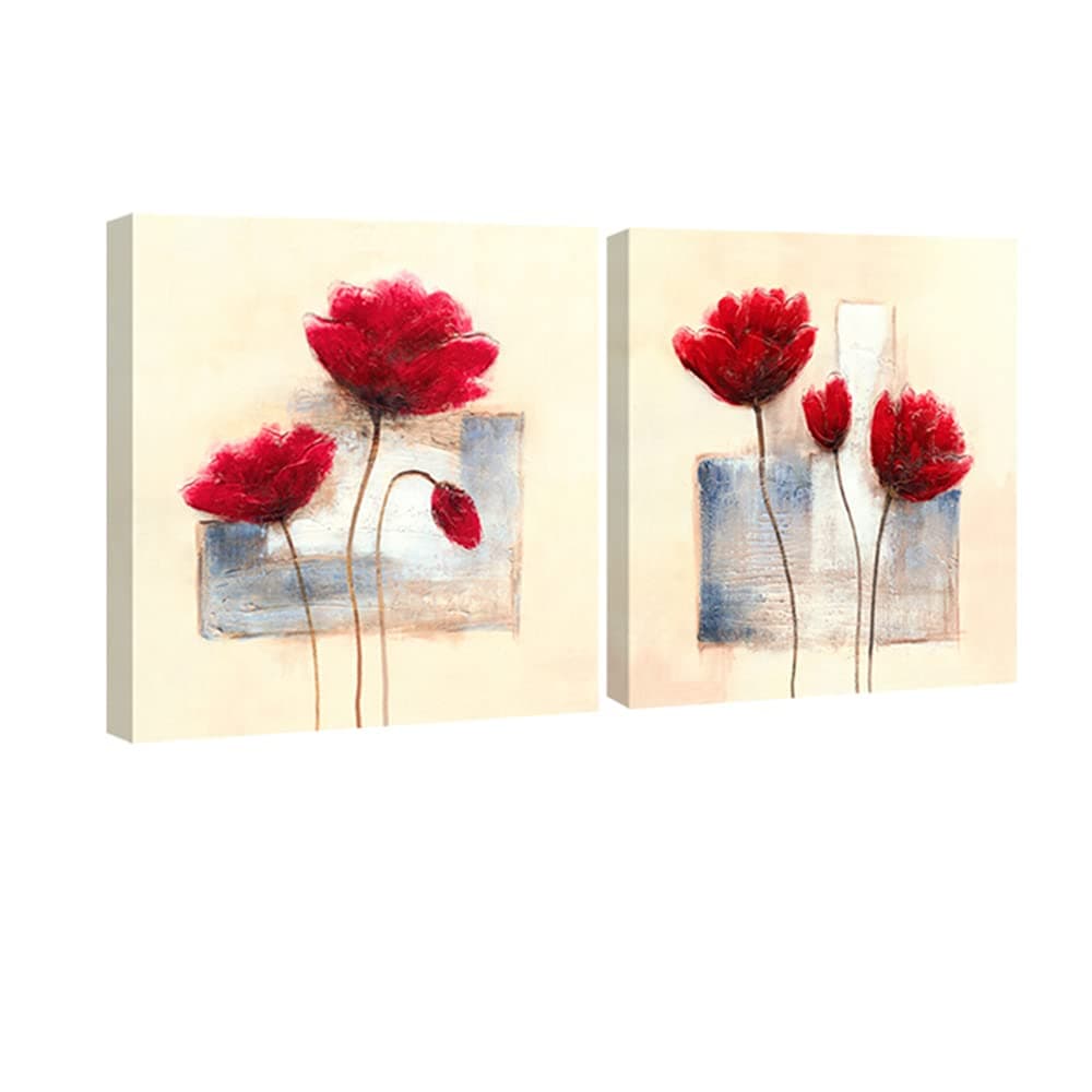 Wieco Art - Charming Spring Modern 2 Panels Stretched and Framed Giclee Canvas Prints Artwork Abstract Floral Oil Paintings Style Picture Photo on Canvas Wall Art for Bedroom Home Decorations 2pcs/set