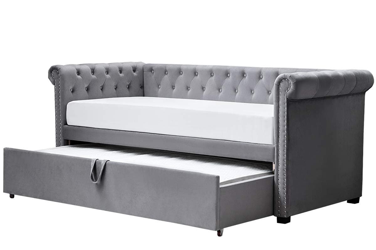Clarendon Chesterfield Style Grey Velvet Sofa Day Bed with Pull Out Guest Bed Single Size 3ft