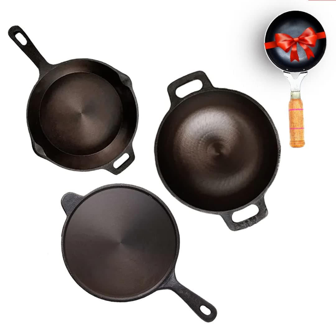 The Indus Valley Super Smooth Cast Iron Cookware Set+ Free Iron Tadka Pan|Tawa(26.3Cm)+Kadai(25.4Cm/2L)+Fry Pan(25.4Cm/1.7L)|Kitchen Cooking Combo Pots And Pans Set Of 4Pcs|Naturally Nonstick,Black