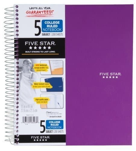 Wholesale CASE of 15 - Mead Five Star Wirebound Notebooks-Notebook, 5-Subject/8-Pocket, 200 Shts, 11"x8-1/2", Assorted