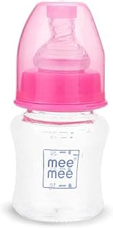 Mee Mee Glass Feeding Bottle 50ml (Pink) | Borosilicate Baby Milk Bottle with Eazy Flo Technology, Anti-Colic Valve & Slim Neck|BPA-Free, Ergonomic Anti-Slip Design for Newborns & Babies up to 3 Years