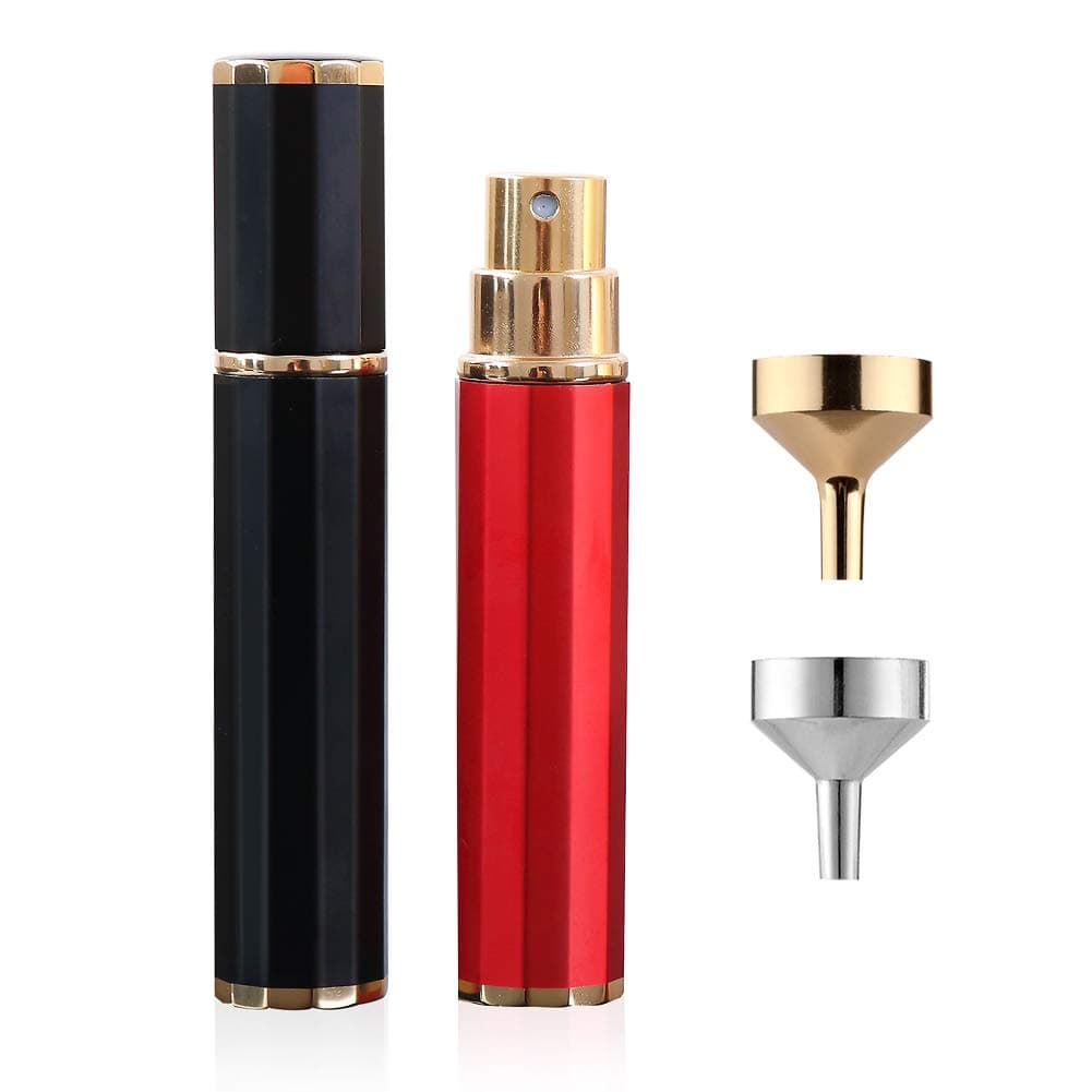 2Pcs 8ml Travel Perfume Atomizer with Mini Funnel Fillers, Portable Refillable Perfume Spray Bottle for Women/Men(Black+Red)