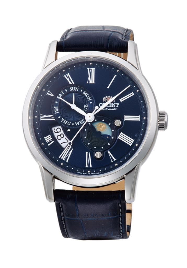 Sun & Moon Men's Automatic Manual Winding Mechanical Classic Leather Band Wrist Watch, Leather Blue, Strap