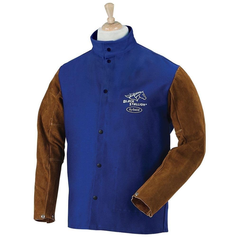 Black Stallion (FRB9-30C/BS) 30" Length, 9 oz Flame-Resistant Cotton & Cowhide Hybrid Welding Jacket, Standup Welder's Collar, Dual Scribe Pockets, X-Large, Royal Blue and Brown