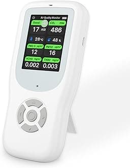 11-in-1 Air Quality Monitor - Portable Indoor Air Quality Detector with Stand, Real-Time Test for AQI, CO2, PM2.5, PM1.0, PM10, TVOC, HCHO, Particles, Temperature & Humidity with Aler (White-Black)