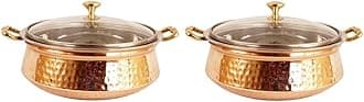 Indian Art Villa Hammered Steel Copper Casserole Donga with Glass Lid, Tableware & Serveware, 1300 ML, Set of 2