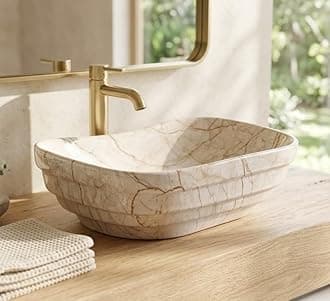 BASSINO 18x14x6 Inches Ceramic Counter Top Wash Basin/1 Year Glazing Warranty/Designer White Basin for Bathroom with Brown Veins/Tabletop Washbasin for Dining Hall/Living Room(Glossy Marble Finish)