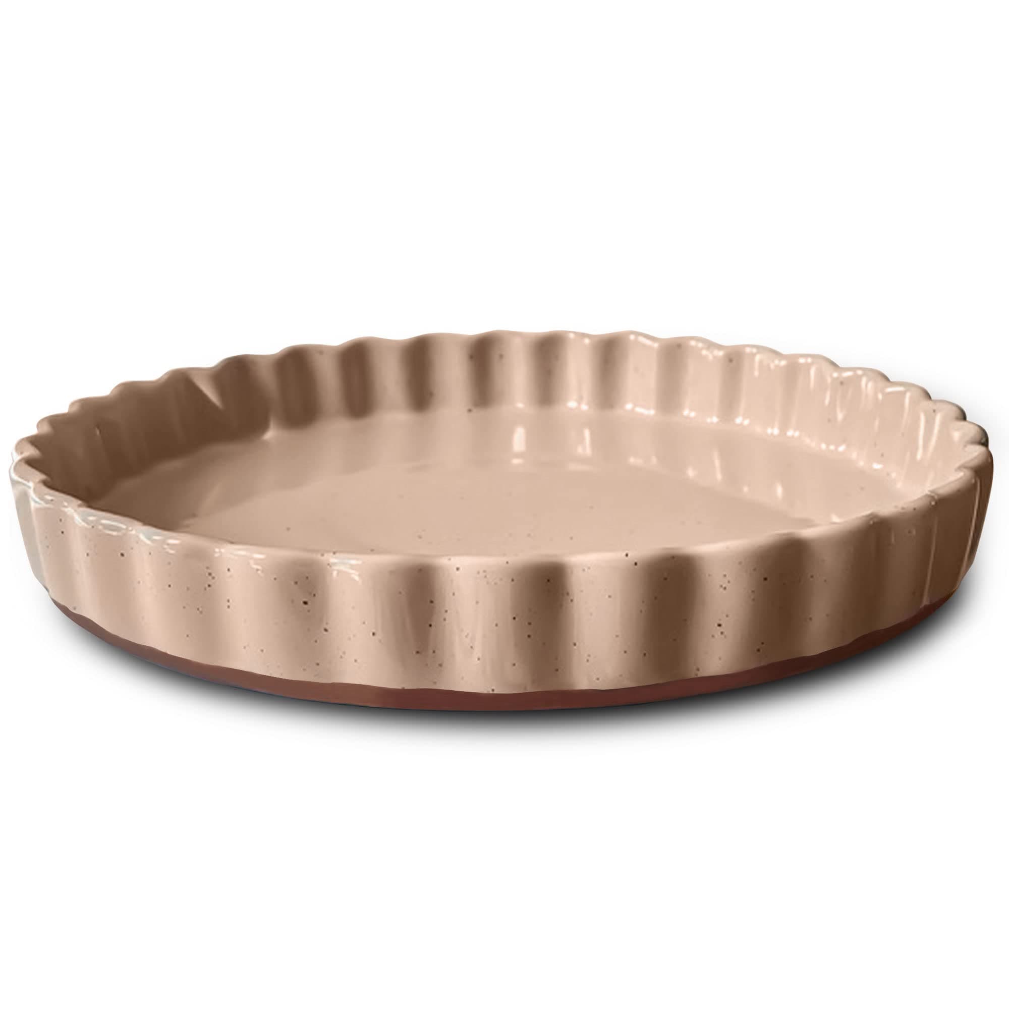 MORA Ceramic Tart Pan, 9.5 Inch Large Porcelain Baking Dish for Tarts, Quiche, Pie, Flan etc. Fluted Ruffled Edge, Oven, Microwave, Freezer, and Dishwasher safe - Great Gift For Bakers - Chai