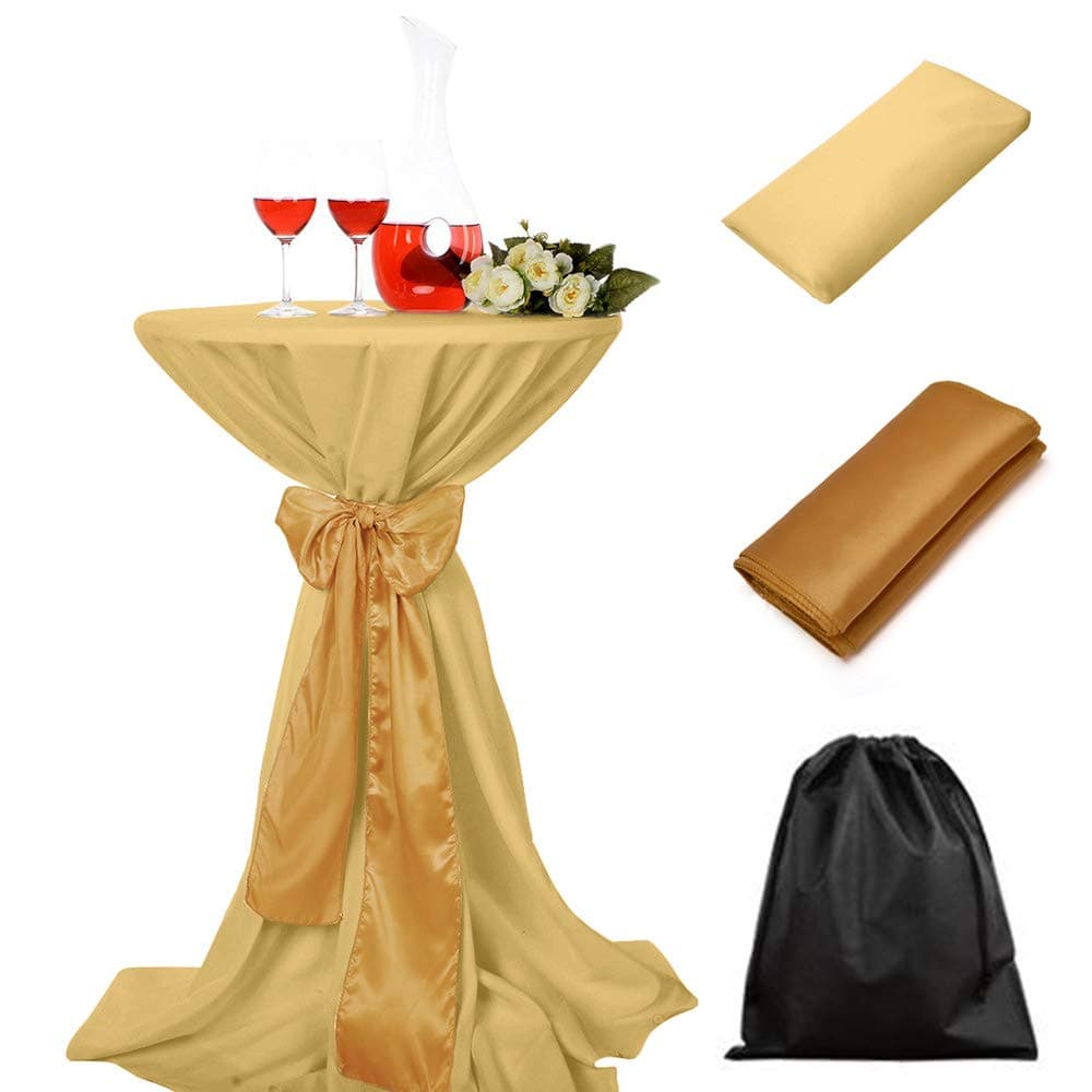 LOVWY 24 Inch (2 FT) Cocktail Round Tablecloth Seamless Polyester Fabric + Satin Sash for Decoration of Wedding Engagement Club Bar Outdoor Party (Champagne, Gold Sash)