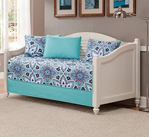 Mk Home 5pc Daybed Set Oversized Quilted Bedspread Coverlet New (Floral Turquoise White Grey)