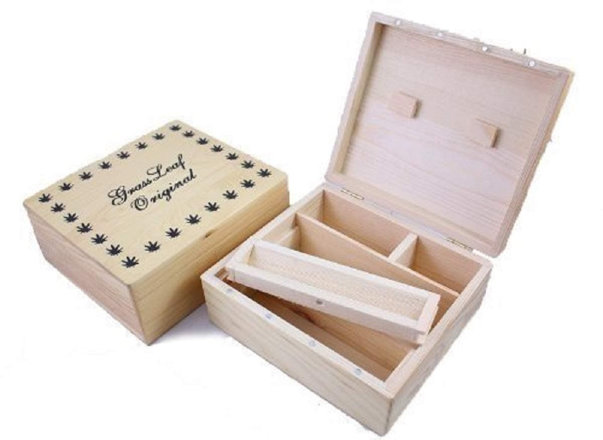 LARGE GRASS LEAF WOODEN ROLLING BOX WITH WOOD ROLLING V BLOCK - MAGNETIC LID