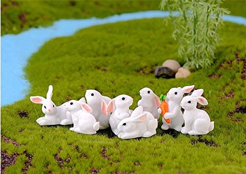 P S Retail Mini Plastic Rabbit Garden Ornament Miniature (White) - 8 Pieces/Set