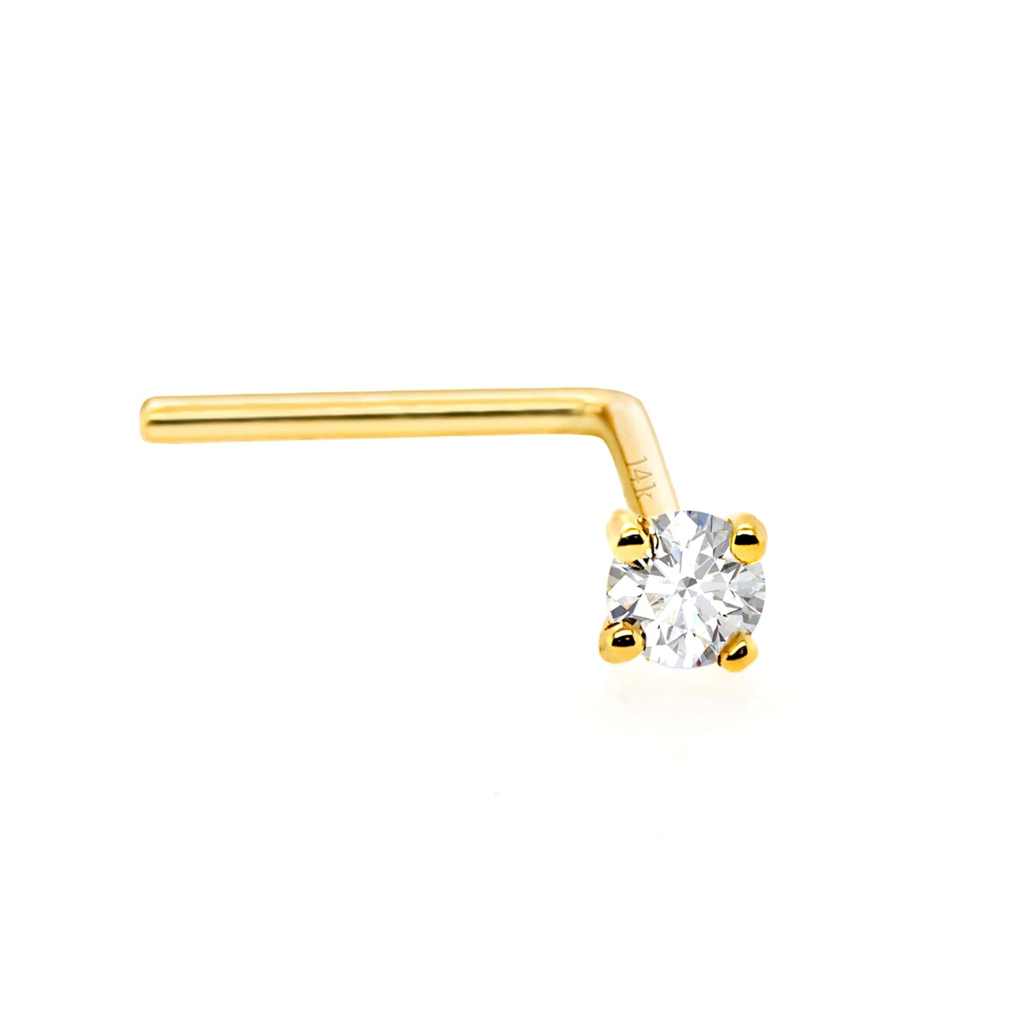 14Kt Gold Real Diamond Nose Stud 22G L-Shape Nose Ring Stud - Nose Piercing Jewelry - April Birthstone