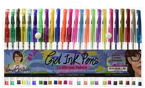 Gel Pens | Artist Quality Designer Set by IMA SCRIBBLER | 24 Vibrant Colors with Comfort Grip | Colors Included: Classic Glitter, Neon, Pastel & Metallic