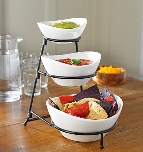 3 Tier Bowl Plate Set with Heavy Duty Metal Rack, Perfect for Chips Dips Snacks and Desserts, White Ceramic