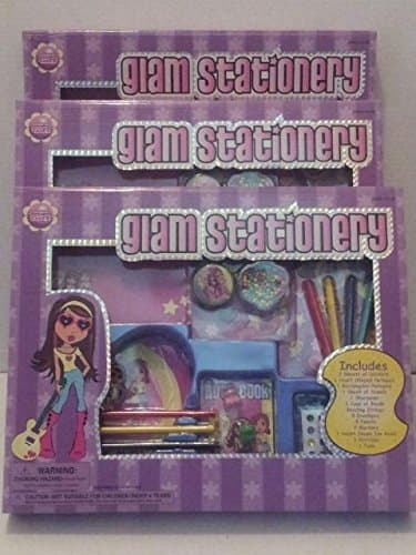 Glam Stationery 3 Pack Set, Perfect for Parties and Playdates, Includes: 2 sheets of stickers, a small sticker tote, 2 notepads, 8 envelopes, 1 sheet of jewels, 1 heart shaped ice bead necklace charm, 1 case of beads, beading strings, 4 markers, 4 pencils, 1 pencil sharpener, 3 hairclips and 6 small glam wall posters.