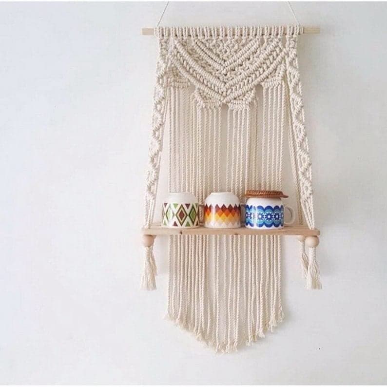 Macramé Wooden Wall Hanging Shelf |922| Modern Chic Woven Macrame Tapestries, Wall Art Home Decor for Apartment, Dorm, Bedroom, Living Room, Nursery, Party Decorations cm 30x15X50