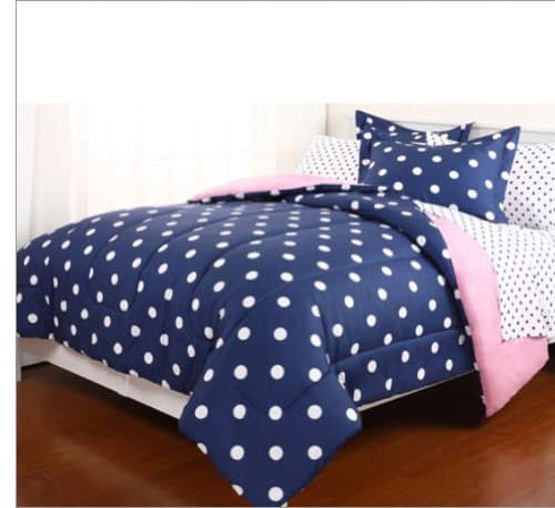 Blue & White Polka Dot Reversible Girls Queen Comforter Set (7 Piece Bed In A Bag) by Teen Bedding