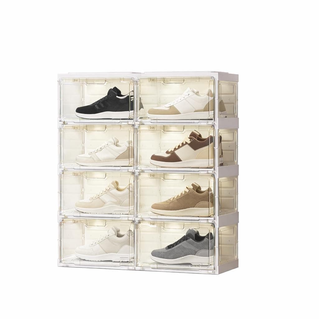 ANTBOX Shoe Storage Box with Light and Wheels - 8 Pairs-2 Rows | Sneaker Organizer, Transparent Door and Sides, Plastic Shoe Crates | Waterproof Shoe Rack Cover | Shoe Rack for Home, Closet Organizer