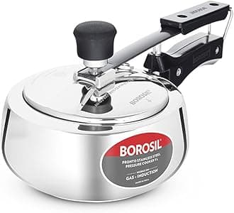 Borosil 1L Pronto Stainless Steel Pressure Cooker with Inner Lid | Gas & Induction Compatible | 6.8 mm Heavy Encapsulated Base | SS304 Food Grade | 5 Year Warranty