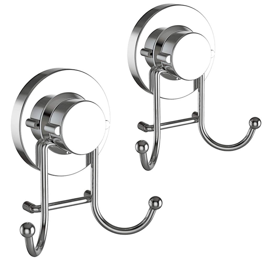HOME SO Towel Hook with Suction Cup Holder - Bathroom Shower Kitchen Storage Organizer Hanger for Bath robe, Towel, Coat, Loofah - Stainless Steel, Chrome - 2 pack