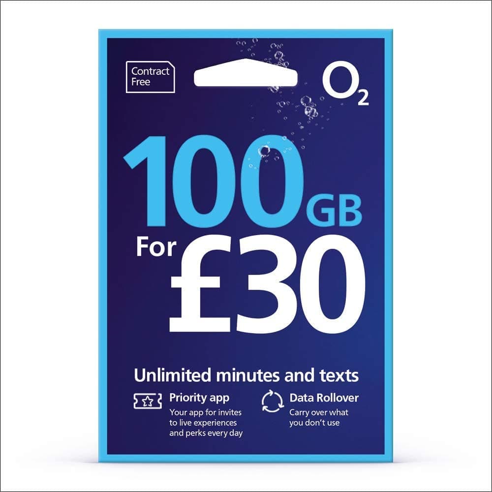 O2 100GB Data Sim includes £30 top up, 100GB Data, Unlimited Calls & Unlimited Texts +500 international minutes to 29 countries