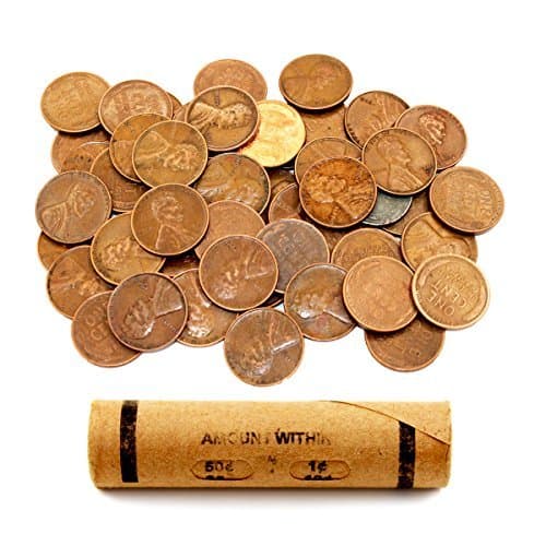 Lincoln Wheat Penny Roll (50 Coins), Mixed Years & Mints (1909-1958 PDS) Circulated Good to UNC in Old Window Wrap, Machine Rolled Penny Roll