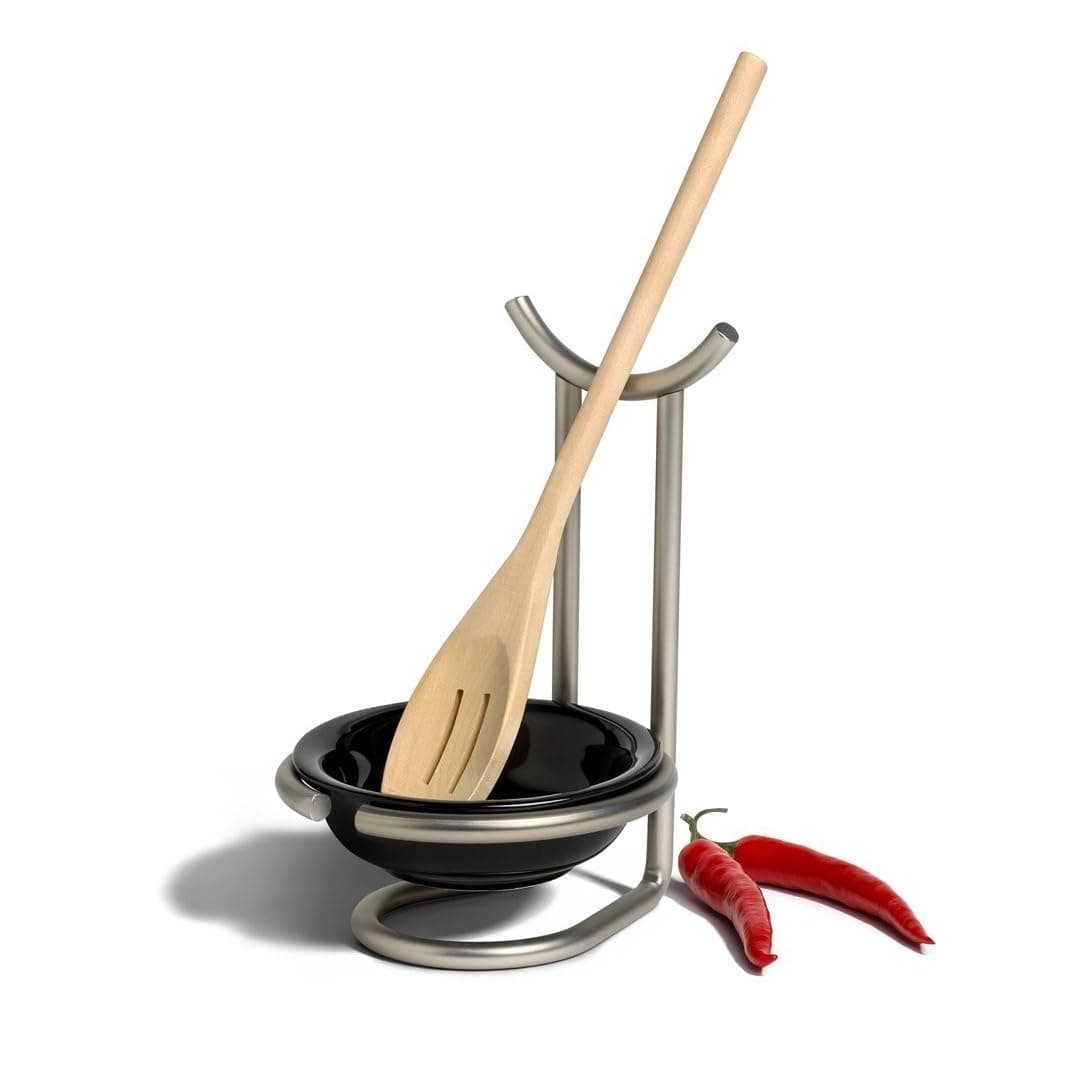 Spectrum Euro Spoon Rest with Ceramic Dish Upright Cooking Utensil Holder for Kitchen Counter Oven Stove, Modern Steel Stand with Drip Catcher Stove Top Ladle Holder Stain Nickel